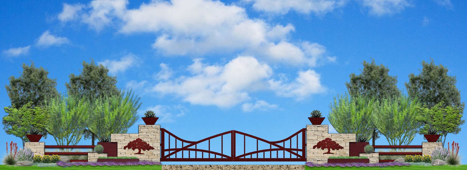 Rendering of the gated entry with limestone pillars, iron gates, and the oak emblem