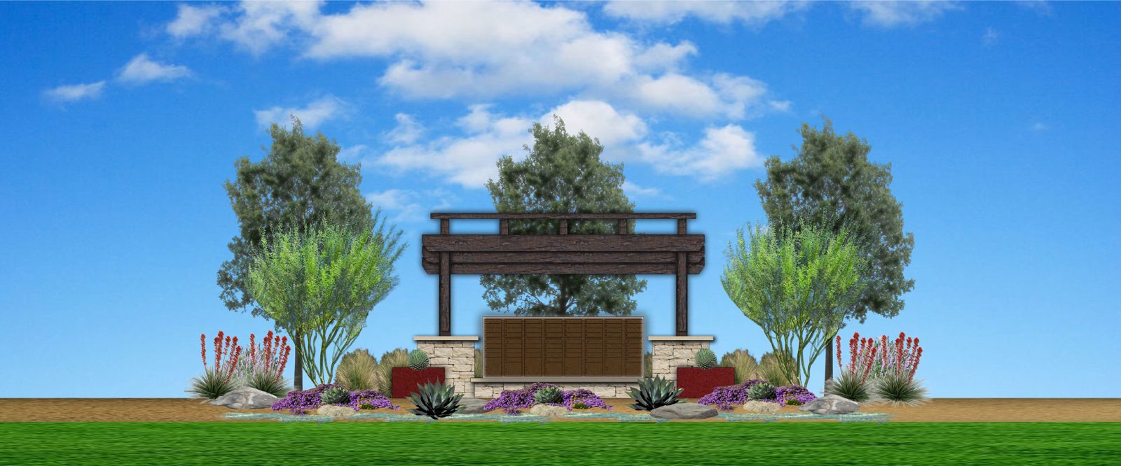 Rendering of the timber-framed mail pavilion on stone piers