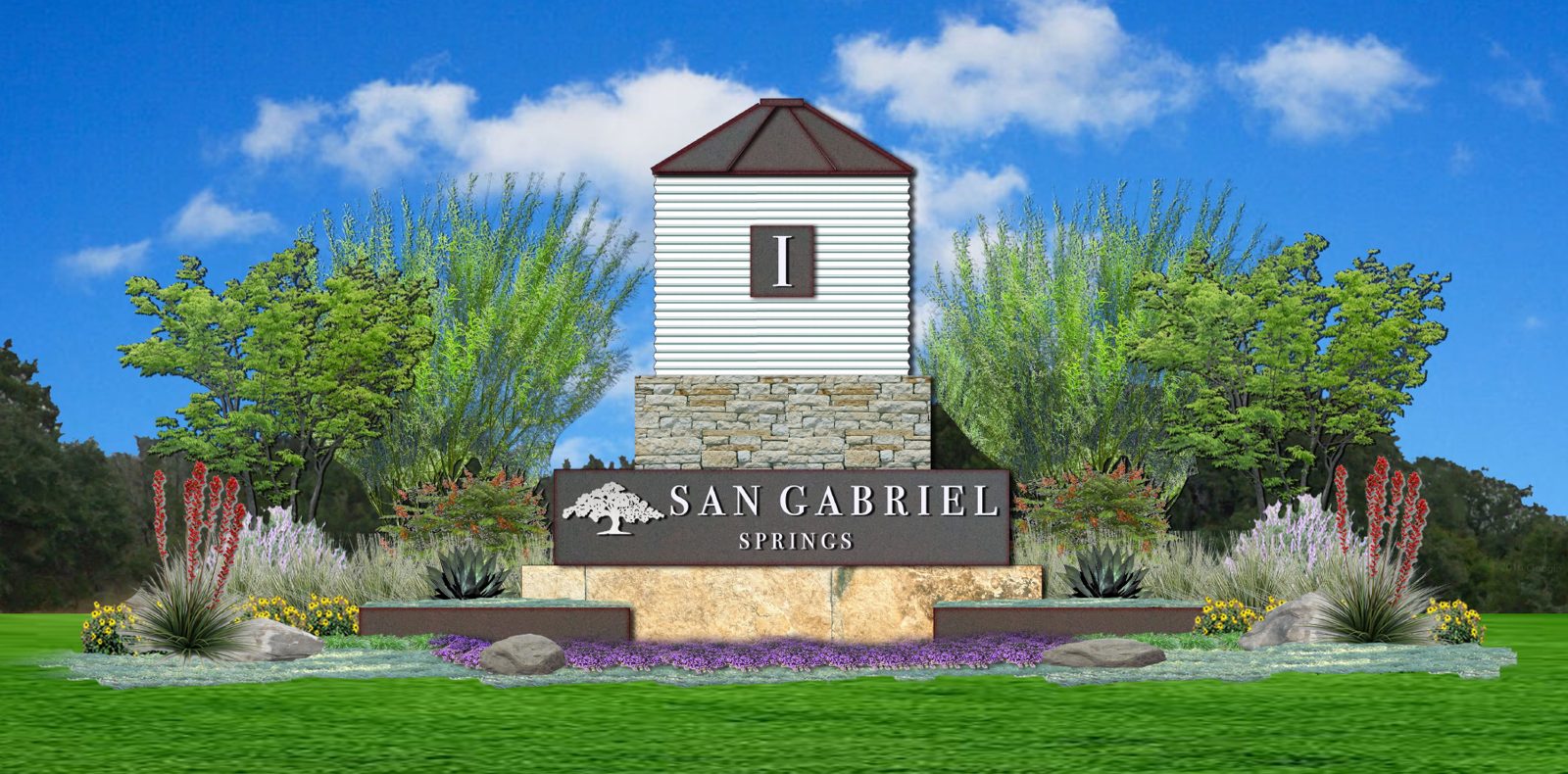 Rendering of the stone development monument with the oak emblem