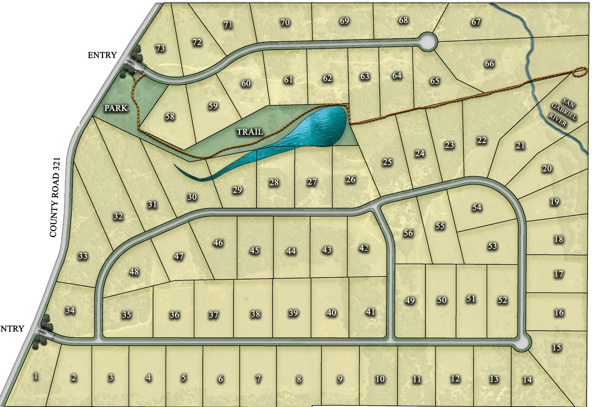 San Gabriel Springs lotting plan showing 72 homesites, the park, pond, trail, San Gabriel River, and two entries off County Road 321